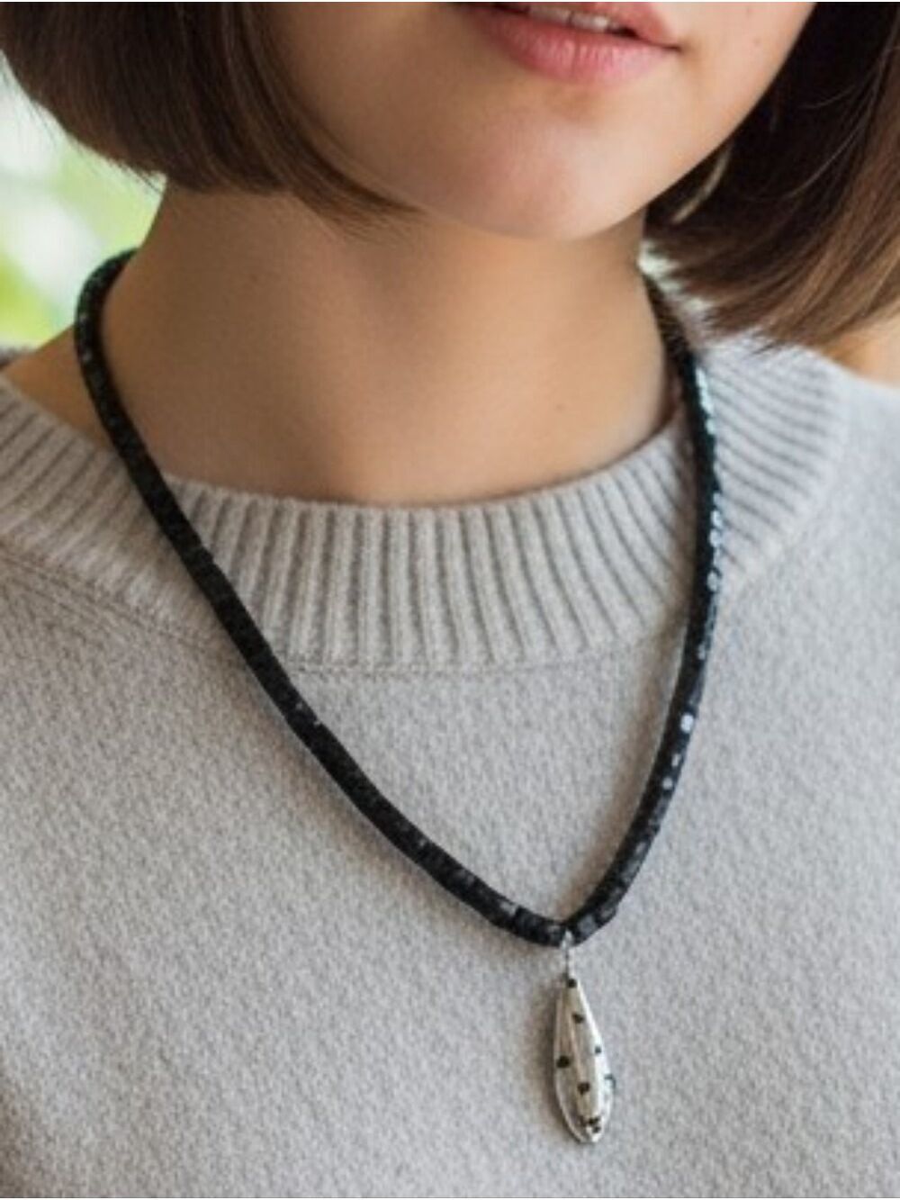 Black Onyx Beaded Necklace with Silvertone Star Pendant